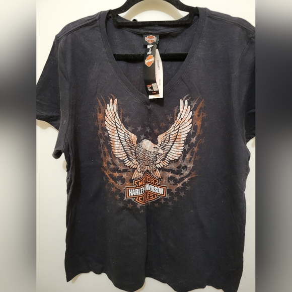Harley-Davidson Ladies Black Graphic V-neck Short Sleeve T-Shirt - Size 2X - Picture 1 of 5